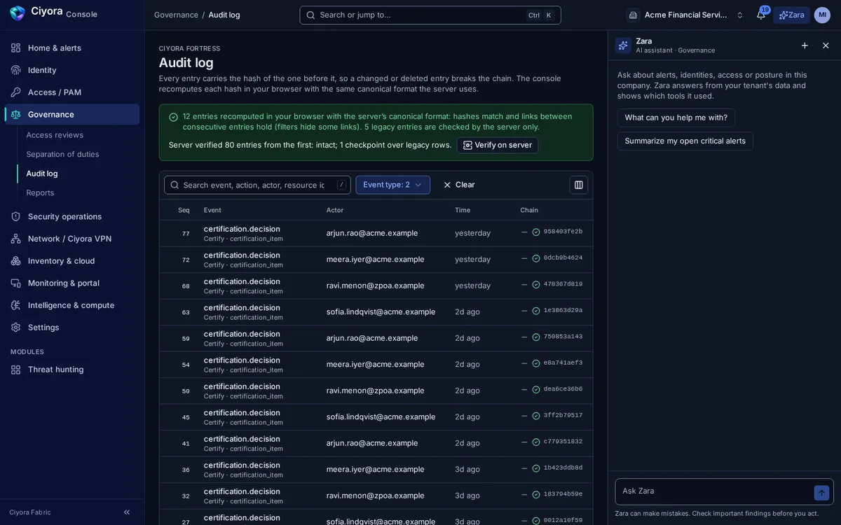 The audit log with a green result: 12 entries recomputed in the browser match the server’s hashes, and the server verified 82 entries from the first. Each row shows sequence, event, actor, time and chain hash.