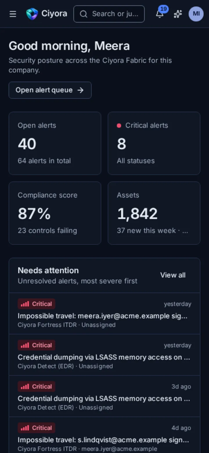 Ciyora Console on a phone: greeting, open and critical alert tiles, compliance score, asset count and the start of the needs-attention list.