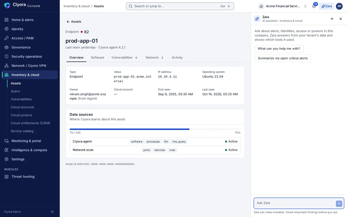 An asset page in Ciyora Discover for a production server: type, hostname, IP address, operating system, owner and first and last seen, with data sources showing the Ciyora agent and network scans as active.