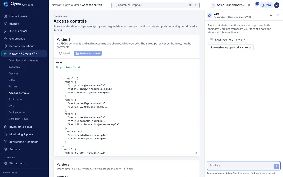The Ciyora VPN access control editor showing a valid policy with groups for engineering, operations, SOC and contractors, and a list of saved versions.