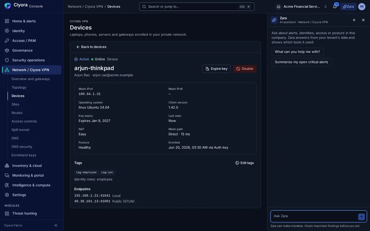 A laptop enrolled in Ciyora VPN: mesh address, operating system, client version, key expiry, a direct mesh path with 13 ms latency, healthy posture and identity tags.