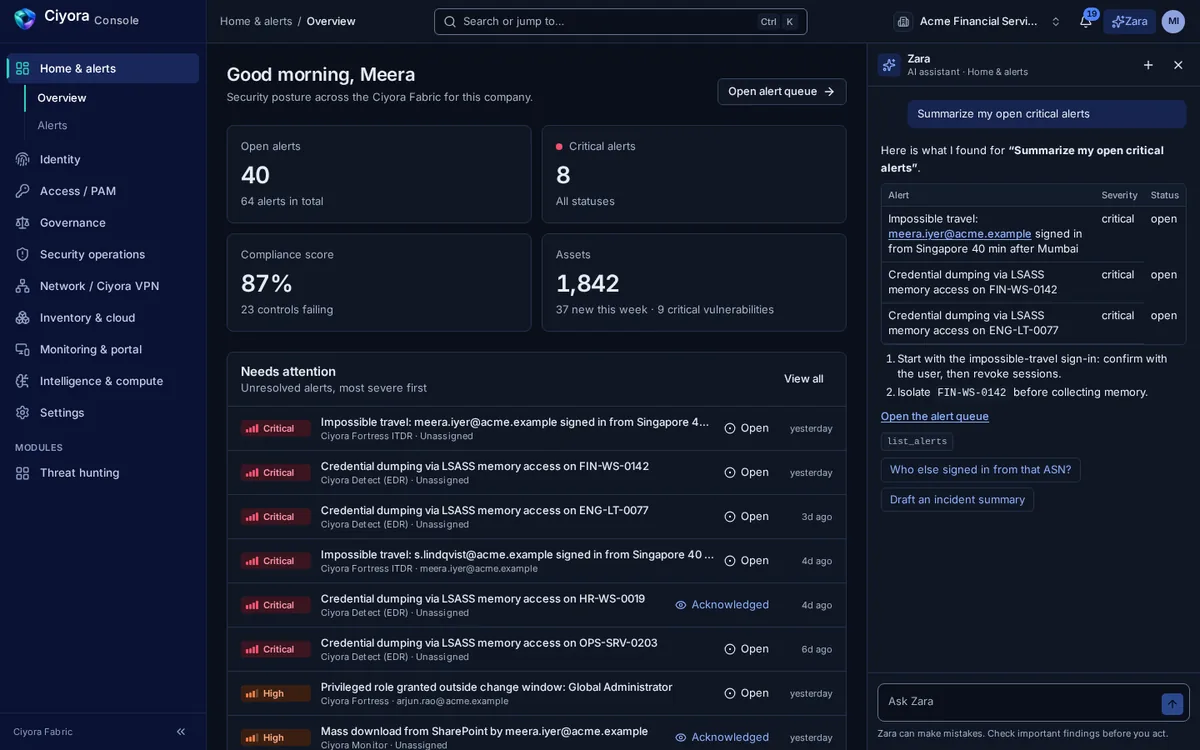 Zara answering 'Summarize my open critical alerts' with a table of three critical alerts, two recommended next steps and the name of the tool it used.